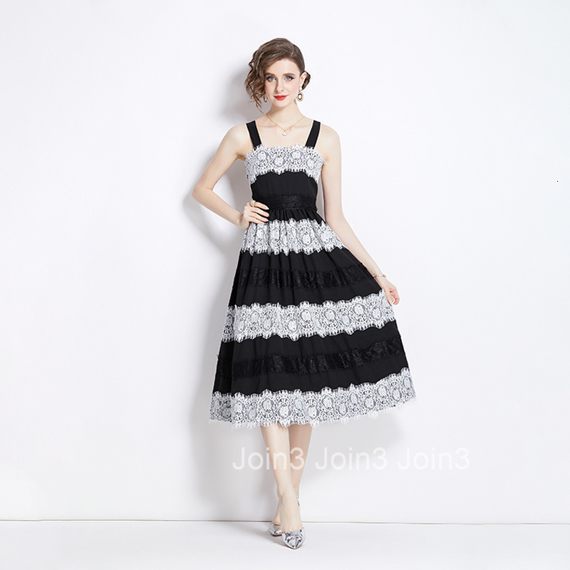 8003 Summer Fashion Show New Lace Splicing Black Long Dress French Elegant Strap Dress for Women
