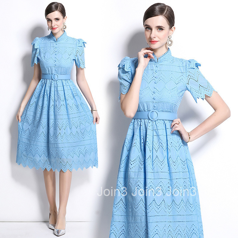 710 New Product Lace Elegant Splicing Waist Short Sleeve Dress