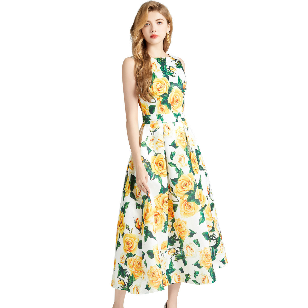 6839 Summer New Womens Fashion Elegant Printed Sleeveless High Waist Dress Waist-Cinching A-Line Long Dress