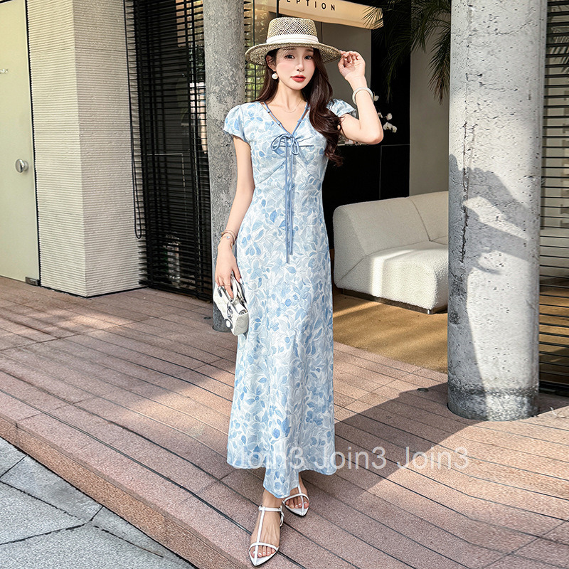Summer Elegant Waist-Cinching Blue Floral French Short Sleeve Dress