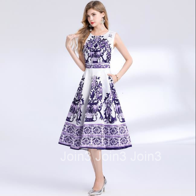 9016 Waist Slimming Sleeveless Printed Midi Dress