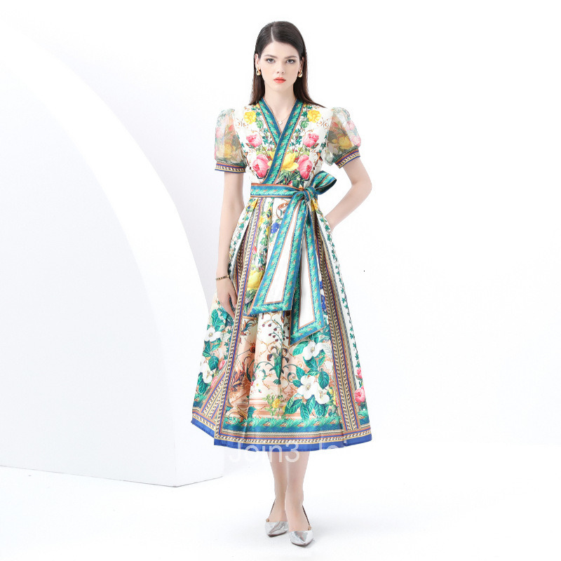 6023 Early Spring New Womens Vacation Wrap Tie V-neck Lantern Sleeve Long Dress Printed Dress