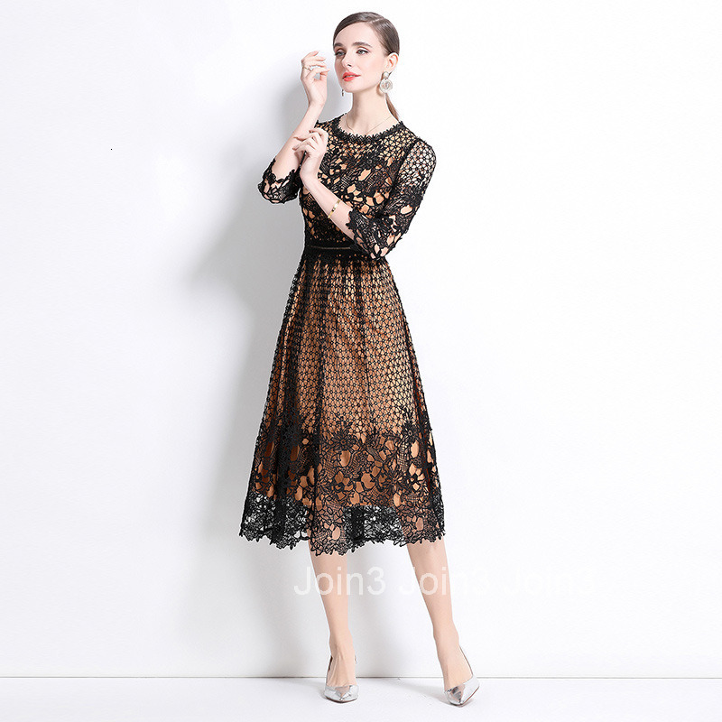 552 Mid-Length Sleeve Slimming Hollow Water-Soluble Lace Positioning Printed Mid-Length Dress
