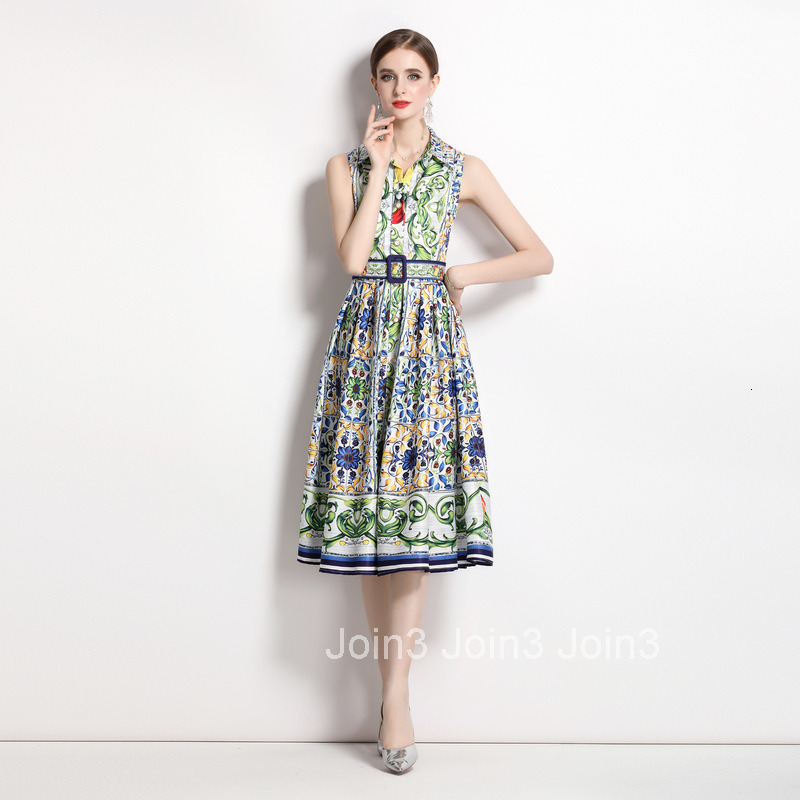 2299 summer new womens printed slimming and waist cinching temperament sleeveless large swing mid length dress