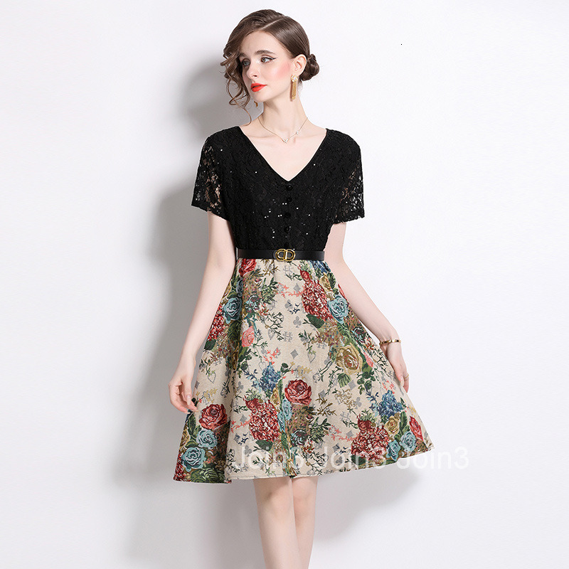 8571 French Style Elegant Lace Hollow Out Versatile Waist Tie Slimming Patchwork Dress Trendy