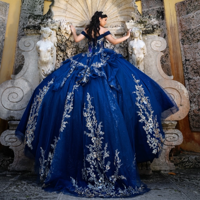 Royal Blue Shiny Quinceanera Dresses Ball Gown Off The Shoulder Applique Lace Beading Tull Party Birthday Sweet 16 Dress Vestidos 15 anos