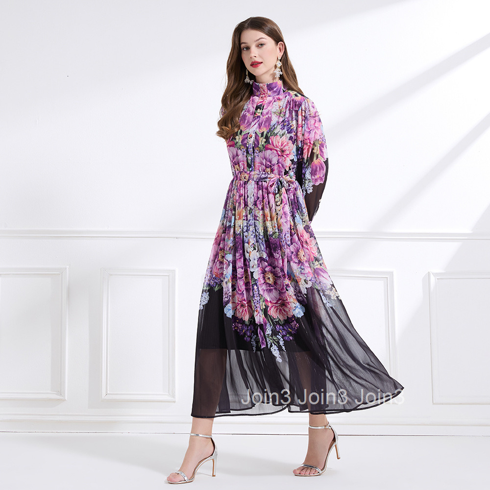 2187 Stand Collar New Womens Printed Lantern Sleeve Waist Cinching Flared Long Dress Two-Piece Set