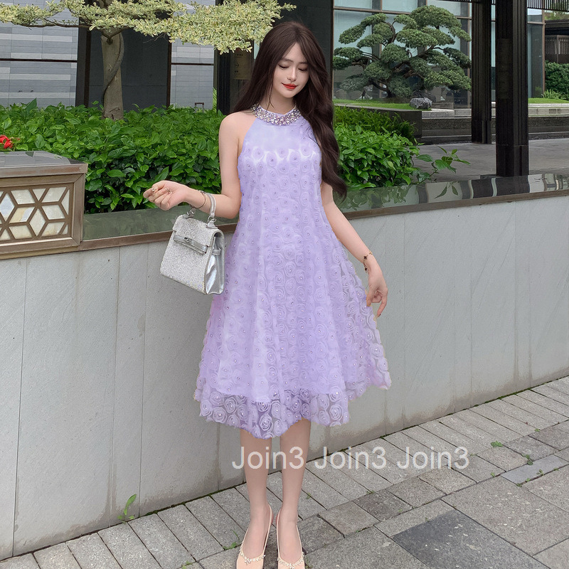 2025 Halter Neck Sleeveless Dress for Women Summer Mesh Three-Dimensional Flower Rhinestone Design Elegant Mid-Length Dress