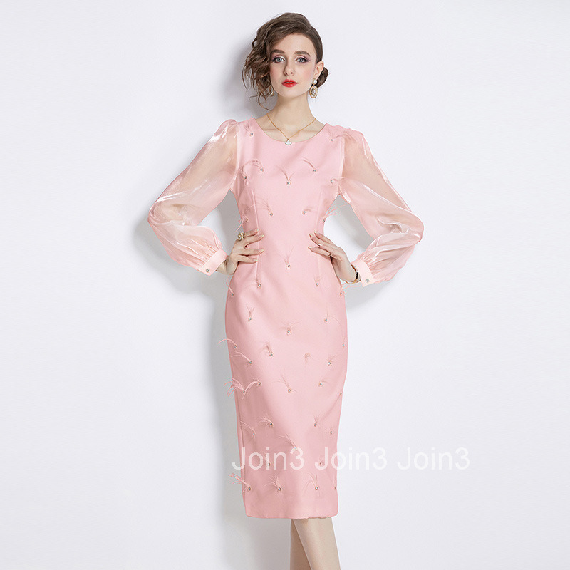 8722 Spring and Autumn New Womens Fashion Elegant Round Neck Lantern Sleeve Rhinestone Embellished Furry Mid-Length Dress