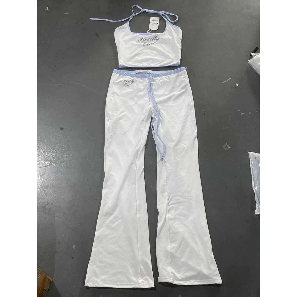 American Style Hot Girl Sports Letter Print Halter Neck Slim Fit Tie Micro Flare Pants Casual Two-Piece Set