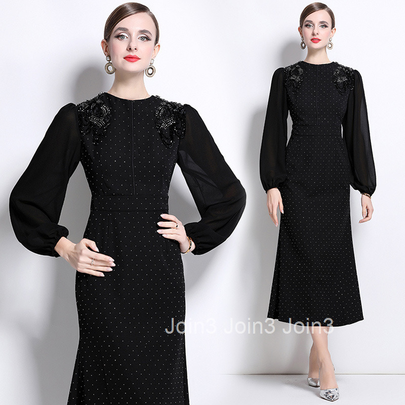 8801 New Elegant Heavy Rhinestone Round Neck Lantern Sleeve Long Dress