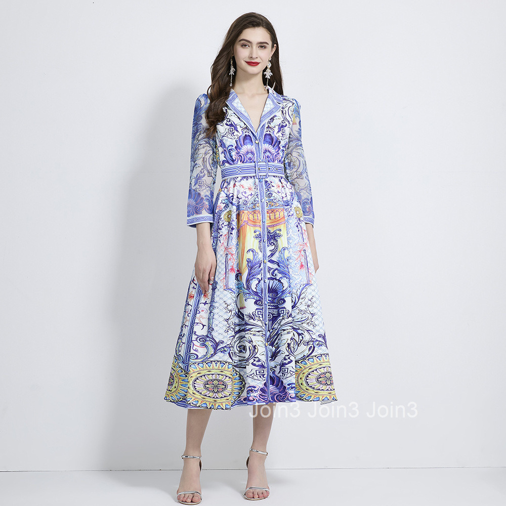 2107 Autumn New Womens Fashion Vacation Style Printed Blazer Collar Waist-Cinching Long Dress