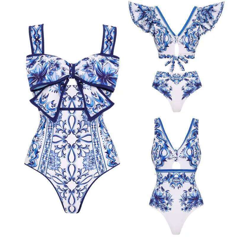 Bow Decor Molica Print One Piece Sexy Bikini Swimsuit Push up Swimwear