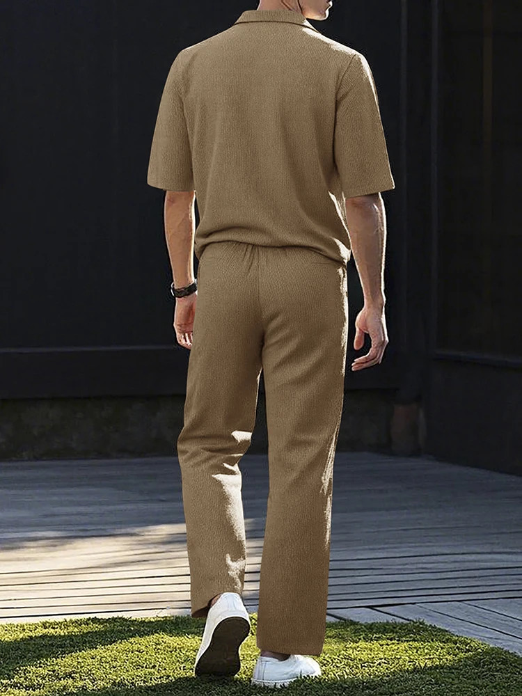 Summer Fashion Textured Outfits For Men Casual Breathable Shirt And Trousers Two Pieces Sets Mens Leisure Solid Color Suits 250715