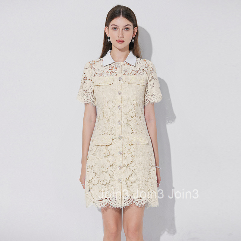 6606 New Sweet Design Color-Block Collar Lace Hollow Short Dress