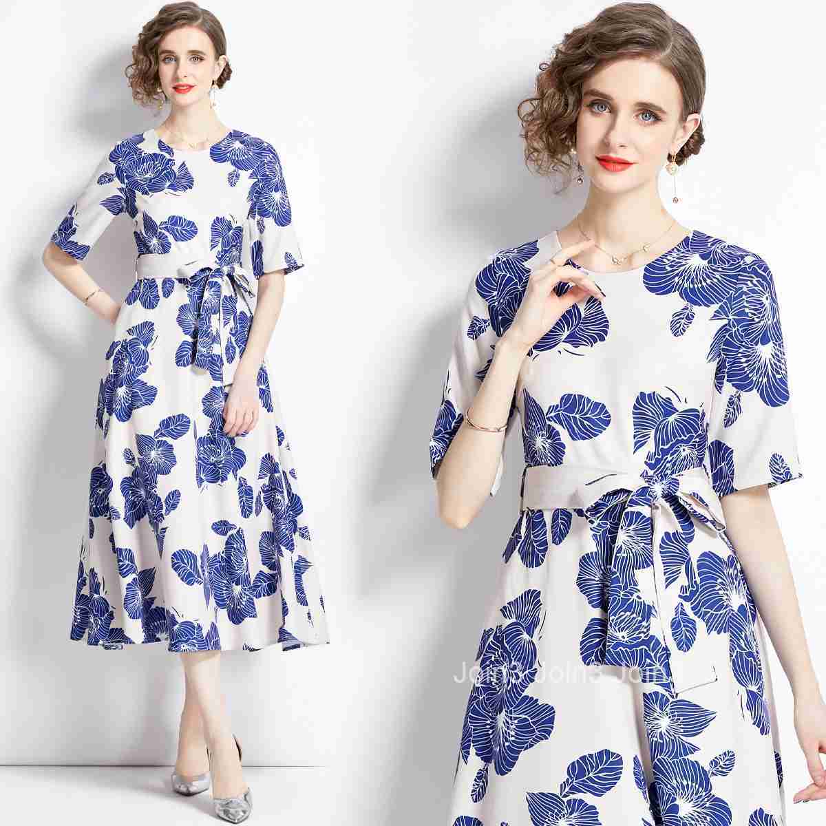 9034 Summer New Womens Blue and White Porcelain Print Round Neck Waist-Cinching Fashion Slim Long Dress