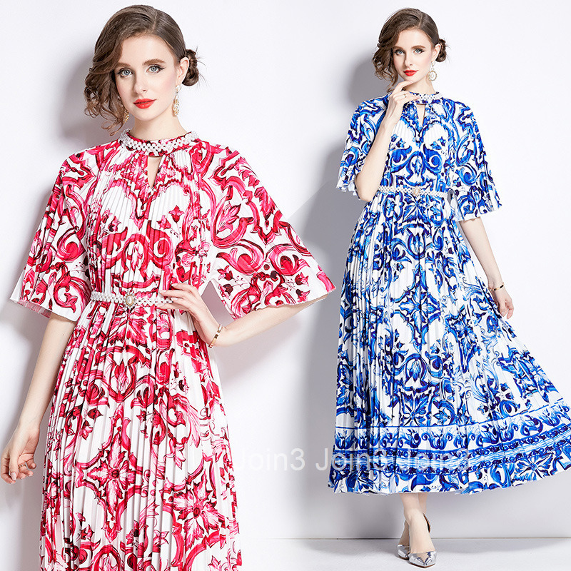 8720 summer new womens clothing style fashionable nail bead print pleated long skirt dress