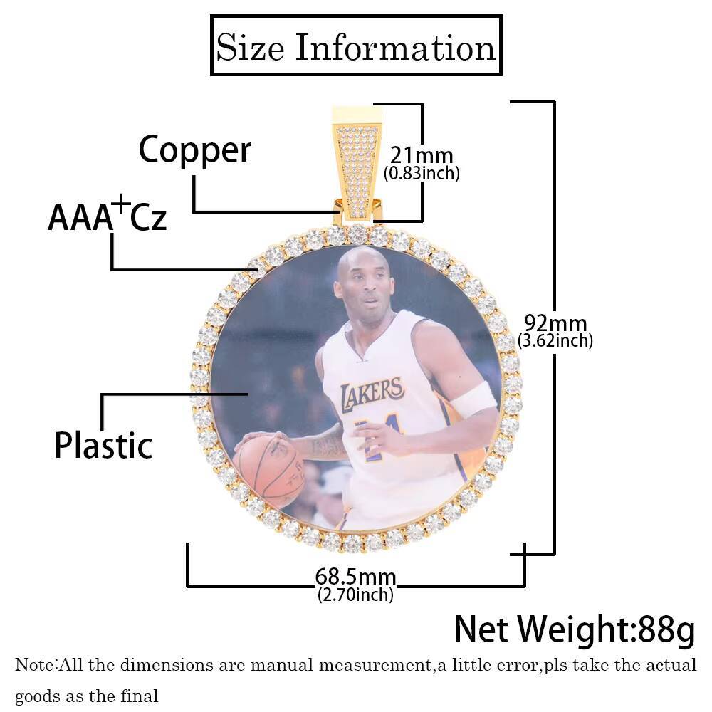 Custom Big Size Hip Hop Iced Out Cubic Zircon Gold Plated Brass Circle Photo Frame Pendant Necklace Jewelry for Family Gift