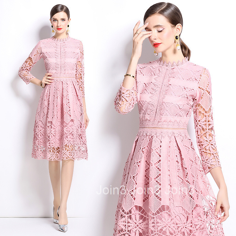 558 autumn new womens clothing style mid long sleeved slimming hollow out water-soluble lace mid length dress