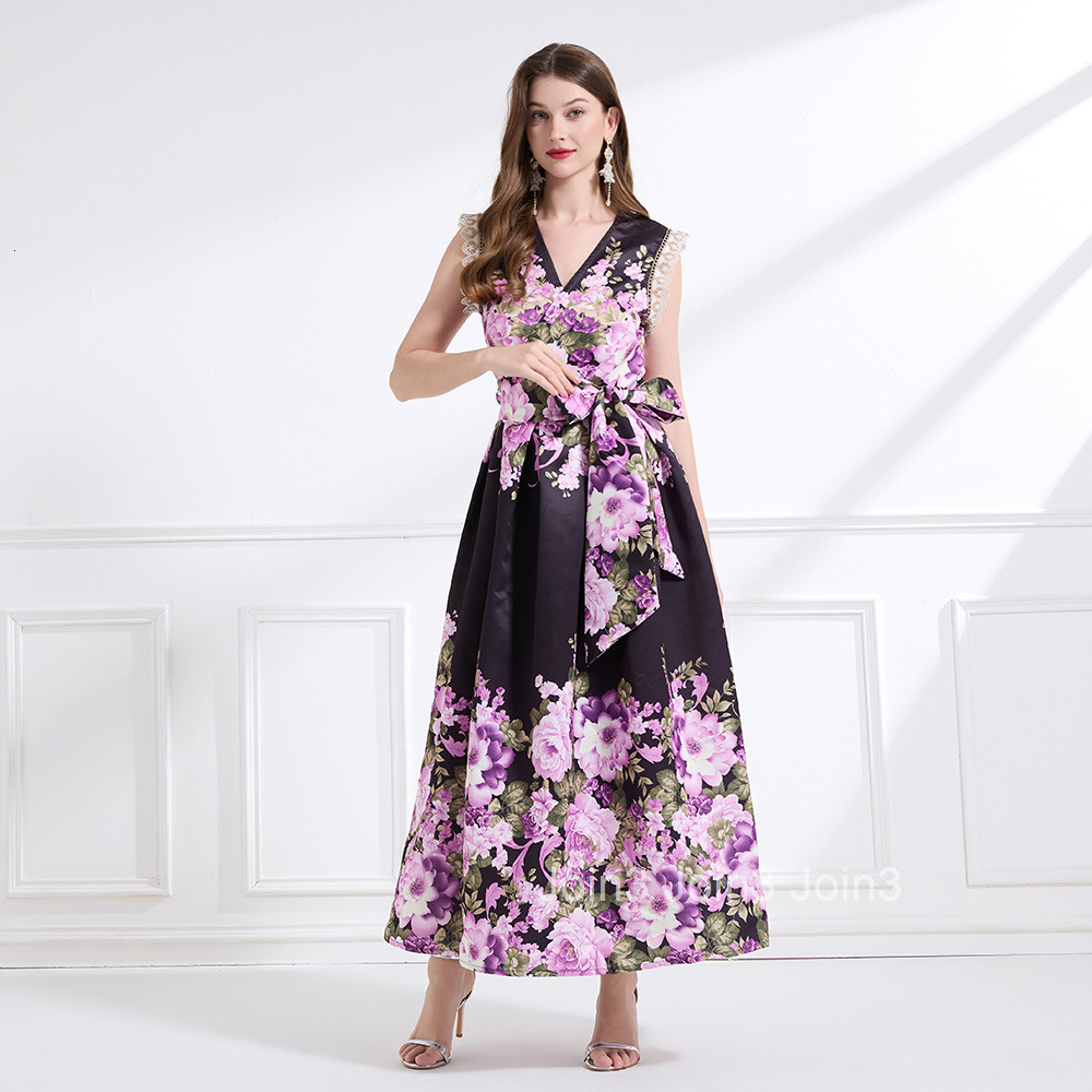 2177 Summer New Womens Vacation Style Printed Beach Waist-Cinching Ruffle Tie Long Dress