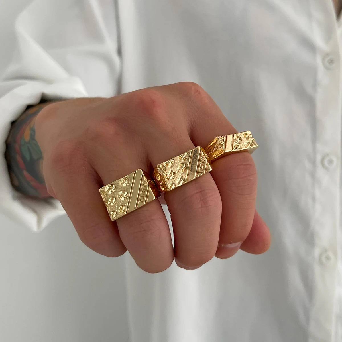 3Pcs/Set Trendy Vintage Gold Color Chunky Ring For Men Hip Hop Thick Rings Charm Finger Accessories Grunge Jewelry 250717