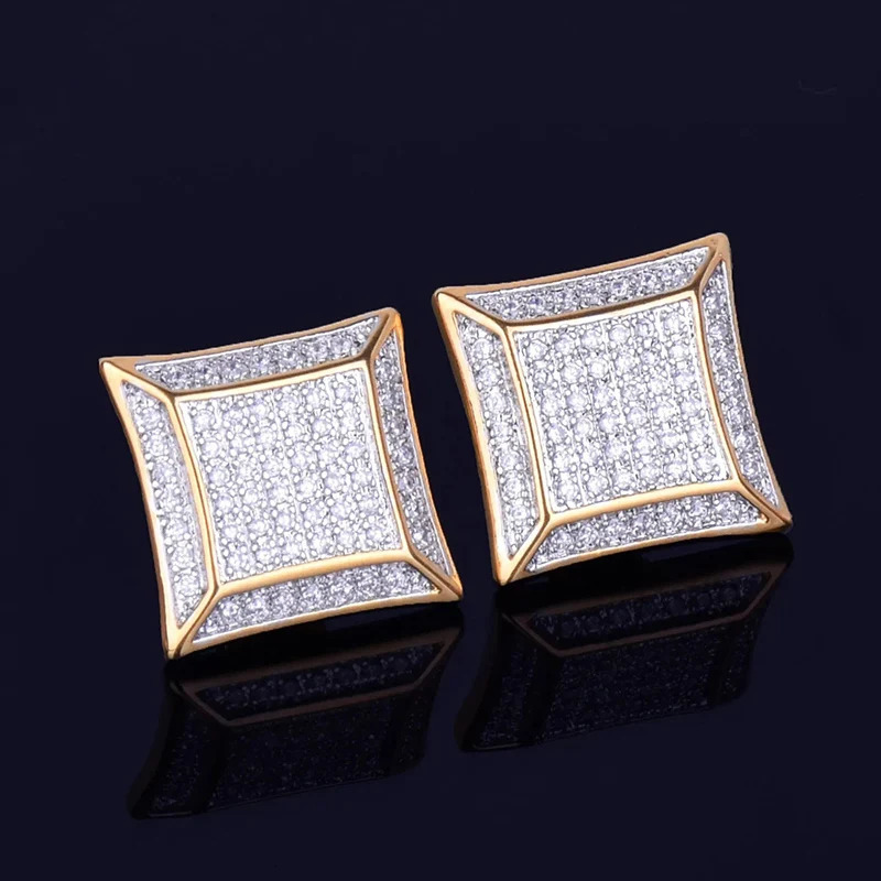 Hip Hop 5CZ Stone Bling Ice Out 15mm Geometric Square Stud Earrings for Men Rapper Jewelry Gold Silver Color Drop 250715