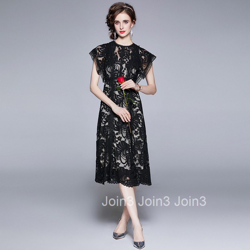 6736 summer womens temperament black hollowed out lace sleeveless slim fit large swing medium length dress
