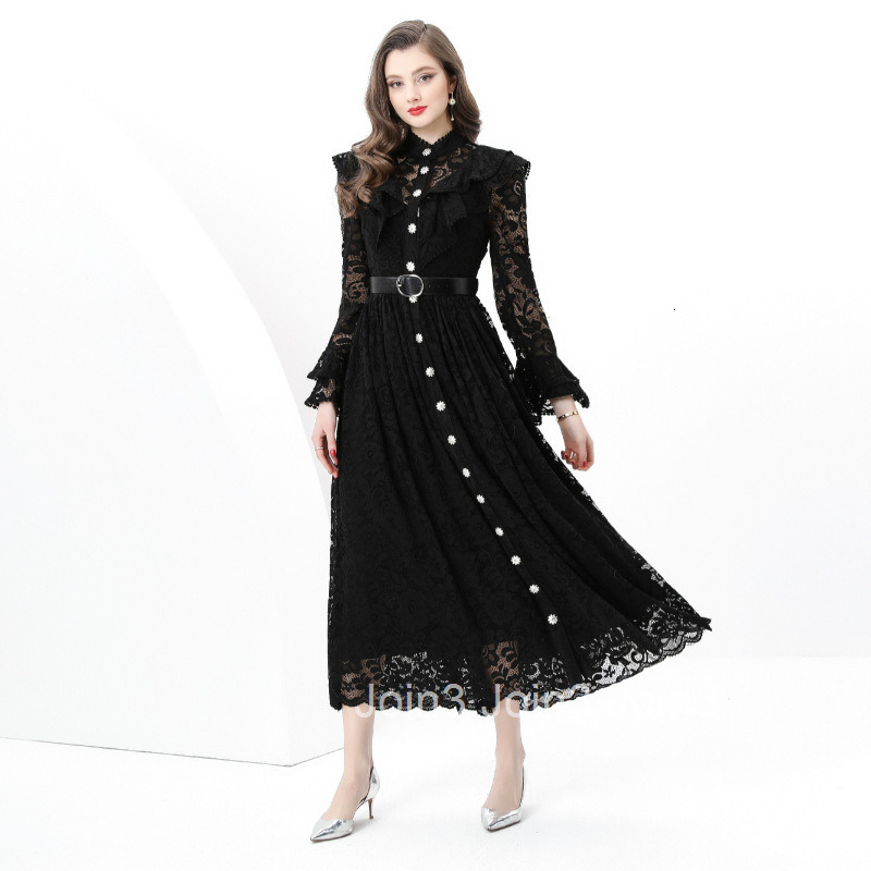 8829 Early Spring New Womens Fashion Elegant Vacation Ruffle Trim Waist Cinch Flared Lace Long Dress