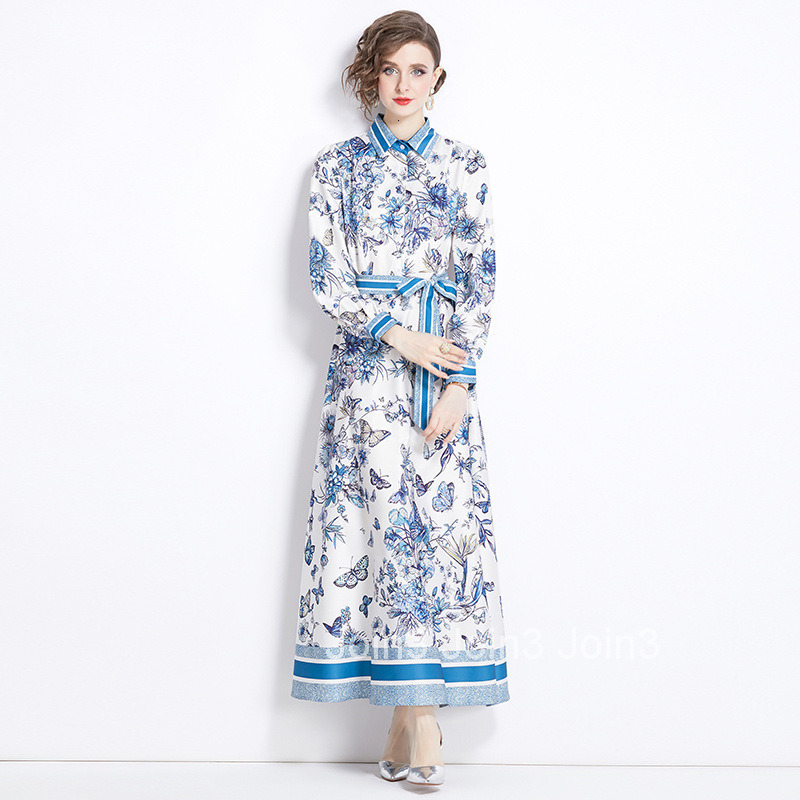 3935 Summer New Womens Fashion Printed Turn-Down Collar Long Sleeve Long Dress with Belt