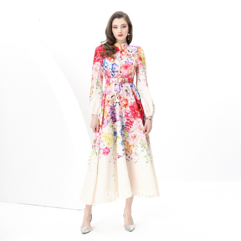 8860 Early Spring New Womens Vacation Style Stand Collar Single Breasted Printed Flared Long Dress
