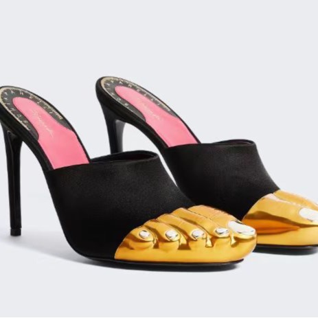 Women's Gold Toe High Heel Mules Summer Dressy Thong Sandals Sexy Backless Evening Sandals P30D50