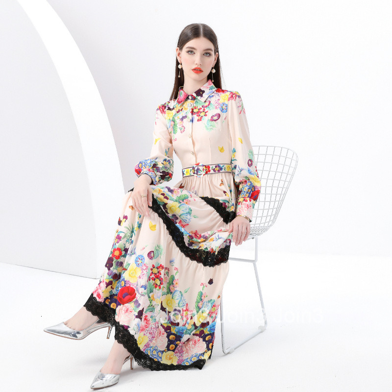 6008 early spring new womens clothing Elegance style lapel lantern sleeve printed lace edge skirt dress