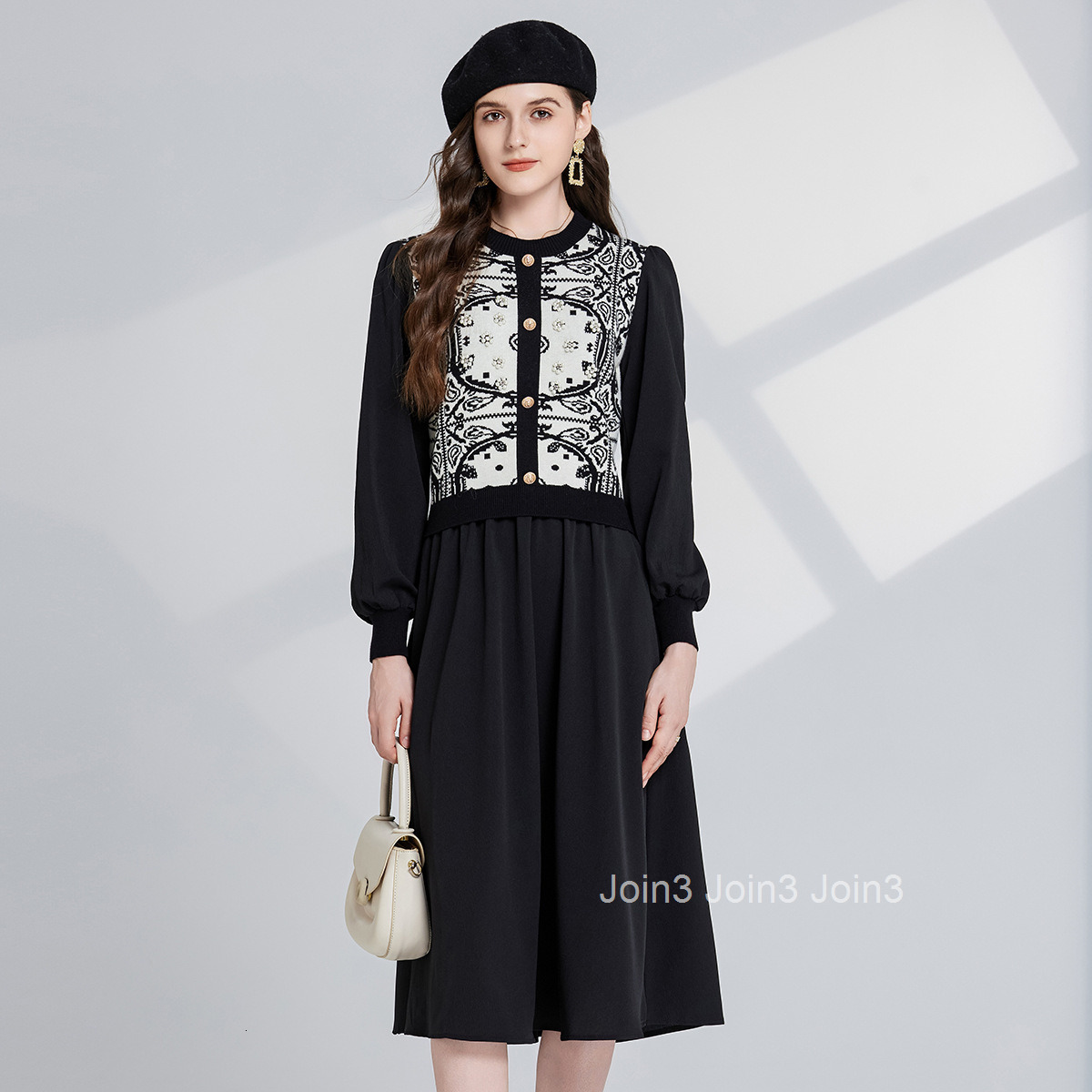 5389 Autumn/Winter New Womens Classic Jacquard Pattern Round Neck Long Sleeve Waist Splicing Dress