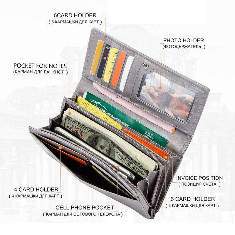 Contact'S Women Genuine Leather Coin Pocket Long Zipper Wallets With Card Holders Femal Purse