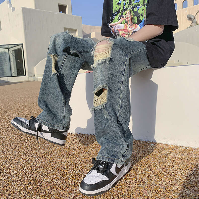 Ripped Jeans for Men Summer Ins High Street Loose Fit Distressed Wide Leg Unique Design Niche Trendy Brand Straight Pants