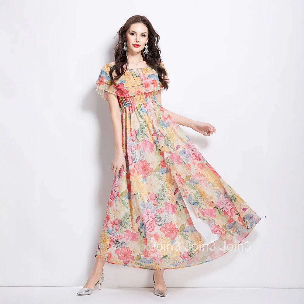 2695 Spring Summer New Ruffle Off-Shoulder Waist-Cinching Flared Beach Dress with Slit Chiffon Dress