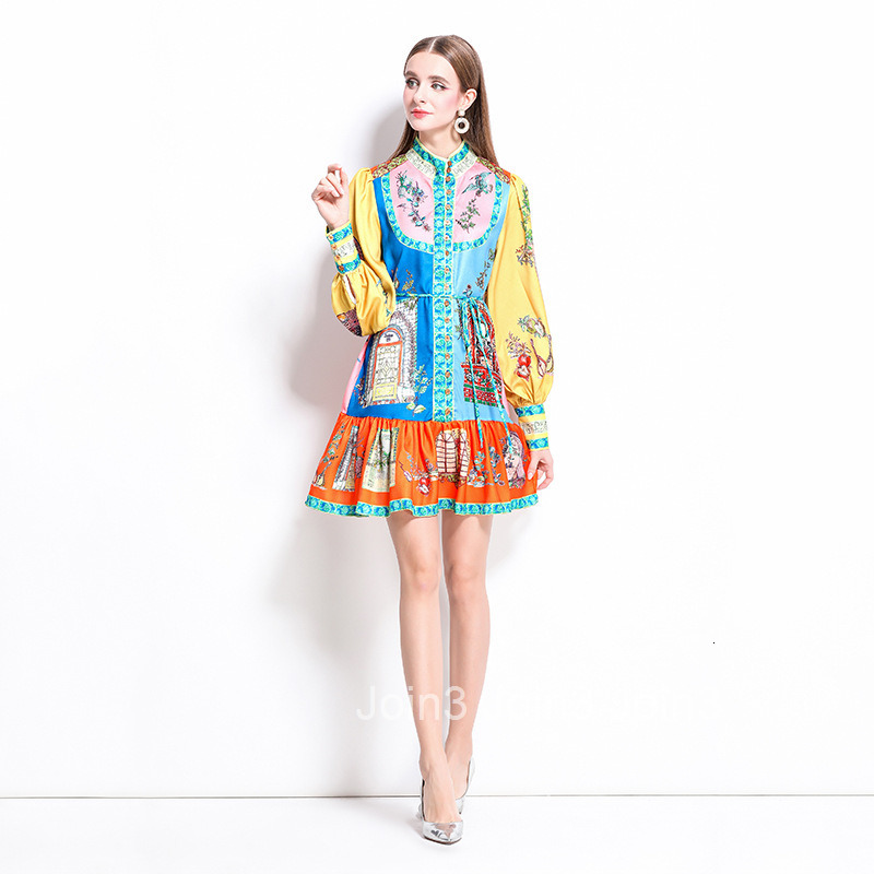 1244 Spring New Printed Lantern Sleeve Ruffle Dress