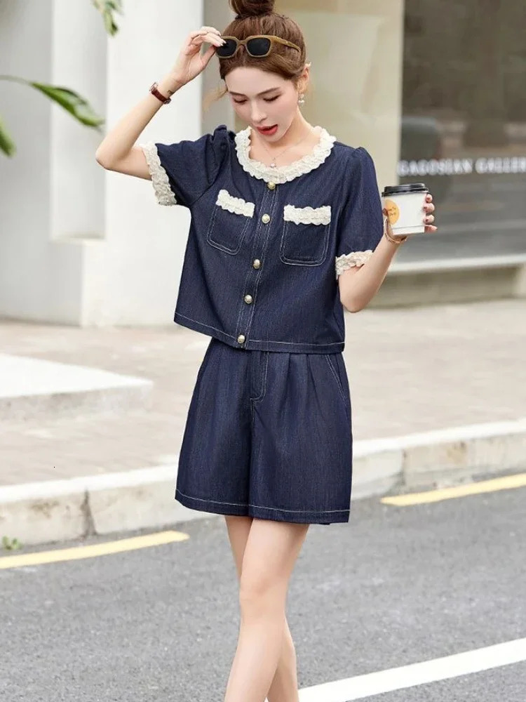 Wideleg Womens Short Sets 2 Pieces Denim Tailoring Offers in Matching Business Suit with Full Outfit Female Shorts 250717