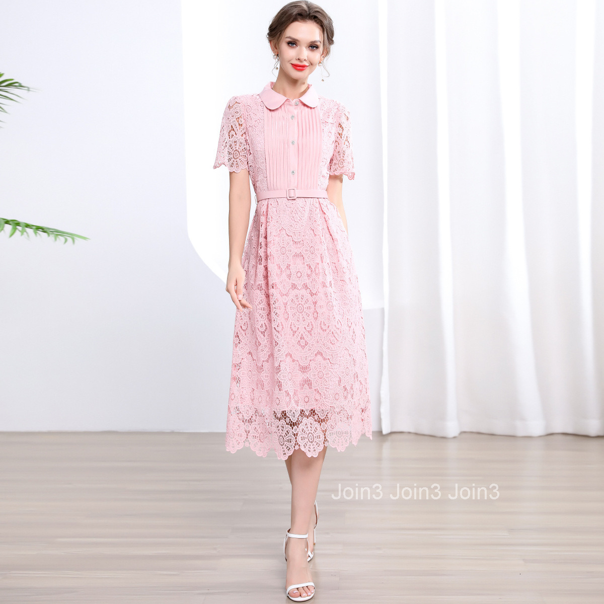 5868 Summer New Womens Long Dress Elegant Slim Waist Hollow Lace Dress