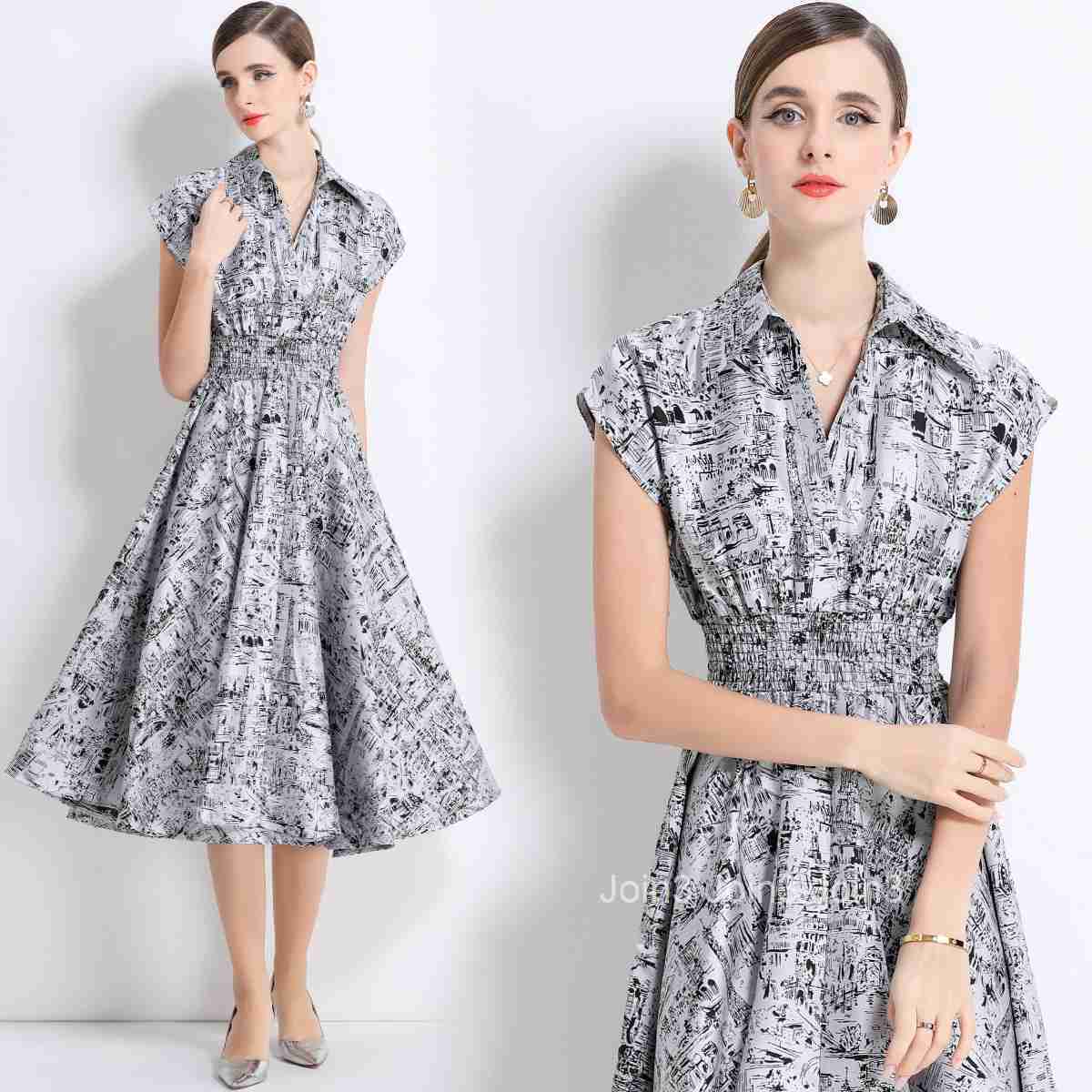 9635 Short Sleeve Dress for Women Waist-Cinching Slimming Ink Painting Jacquard Stylish Dress