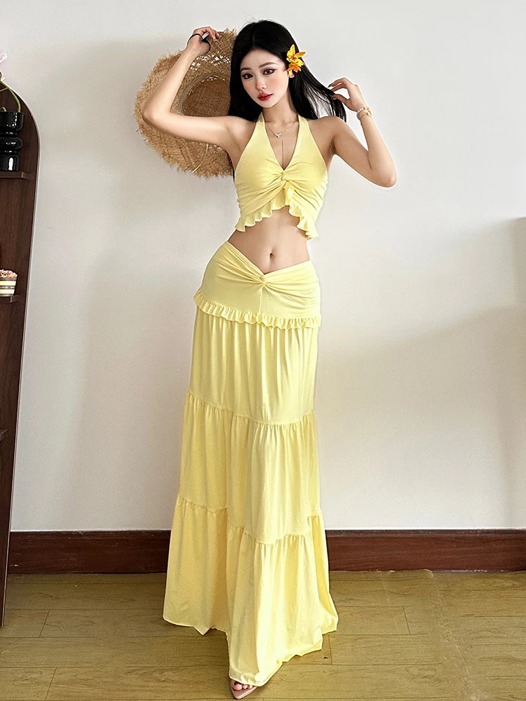 Cute Pleated Matching Women 2 Piece Solid Sexy Ruffle Halter V-neck Crop TanksCross High Waist Skirts Female Vacation SETS 250714