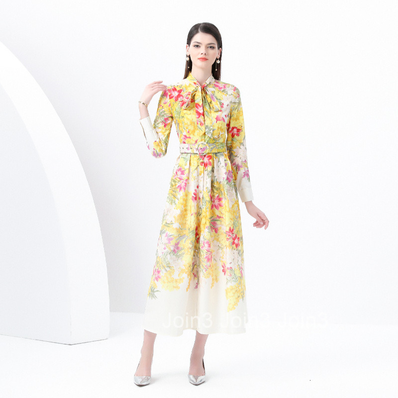 6046 early spring new womens clothing temperament style with ribbon collar lantern sleeves long skirt printed dress