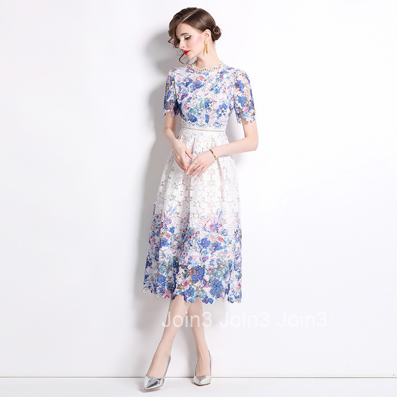 541 Summer New Womens Dress with Fashionable and Skinny Look Hollow out Water soluble Lace Printed Medium to Long Length Dress