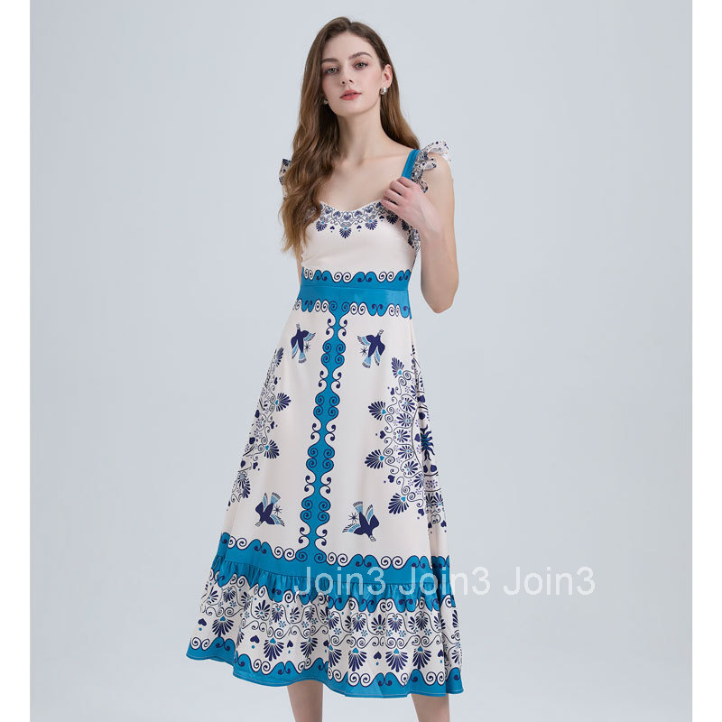 021 Summer New Womens Fashion Elegant Ruffled Strap High Waist Flared Printed Long Dress