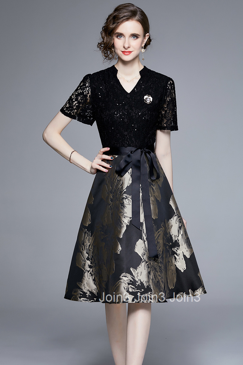 868 Summer New Womens Fashion Elegant Sequin Lace Patchwork Jacquard Waist Slimming Elegant Dress