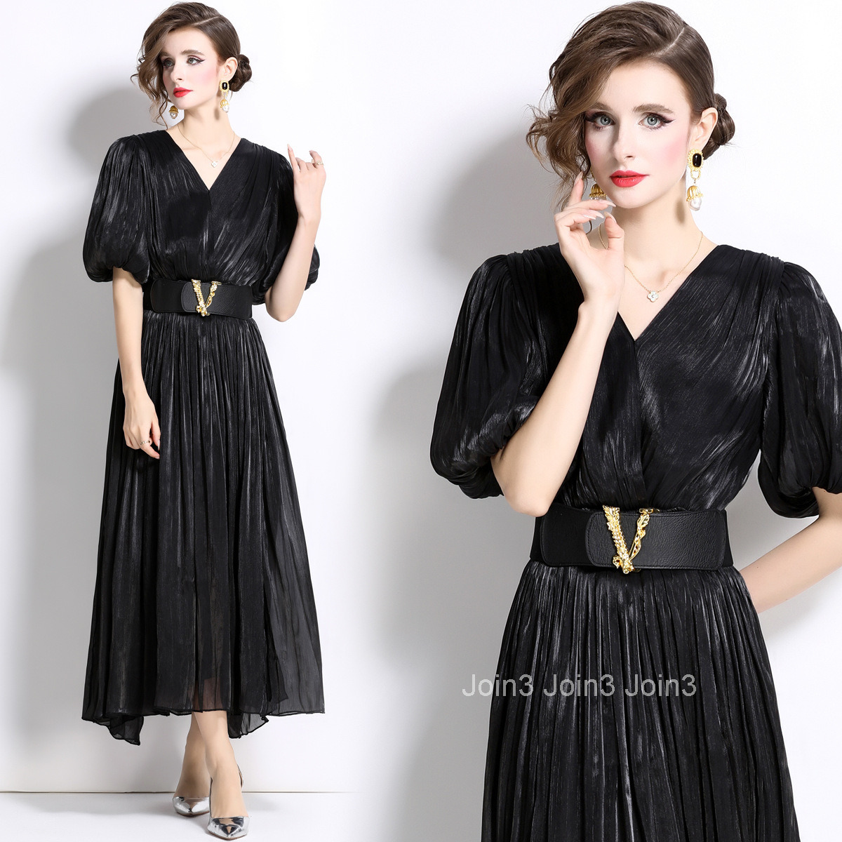 1662 Summer New Womens Fashion Elegant Puff Sleeve Pleated Slim Fit Flared Long Dress