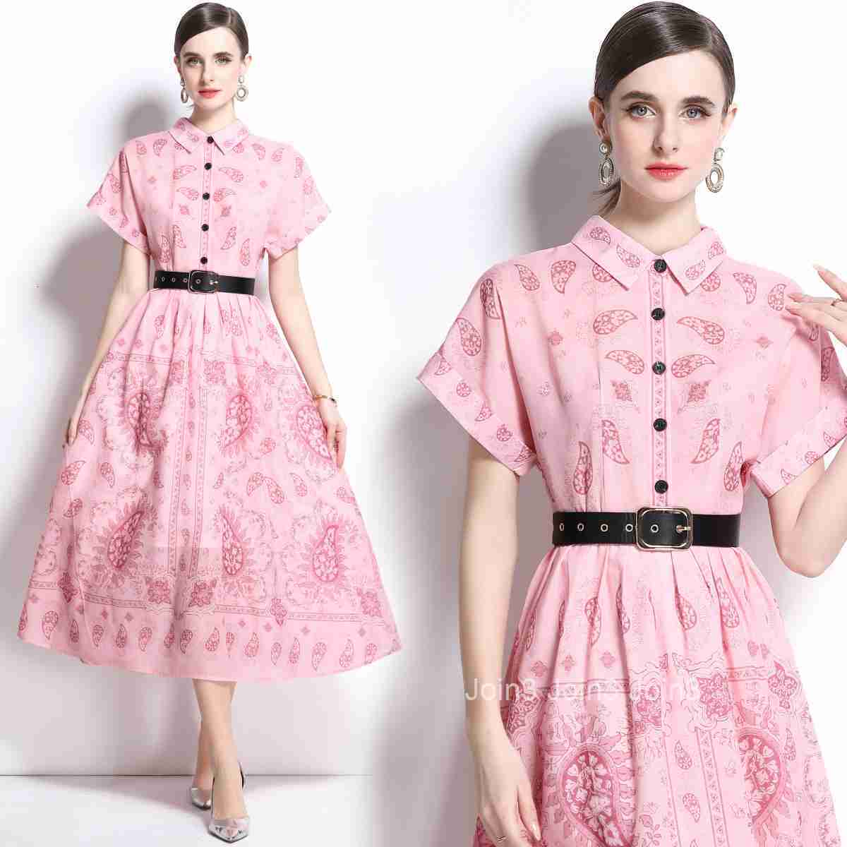 1685 Spring/Summer New Womens Style Printed Collar Short sleeved Long Skirt Dress (with Belt)