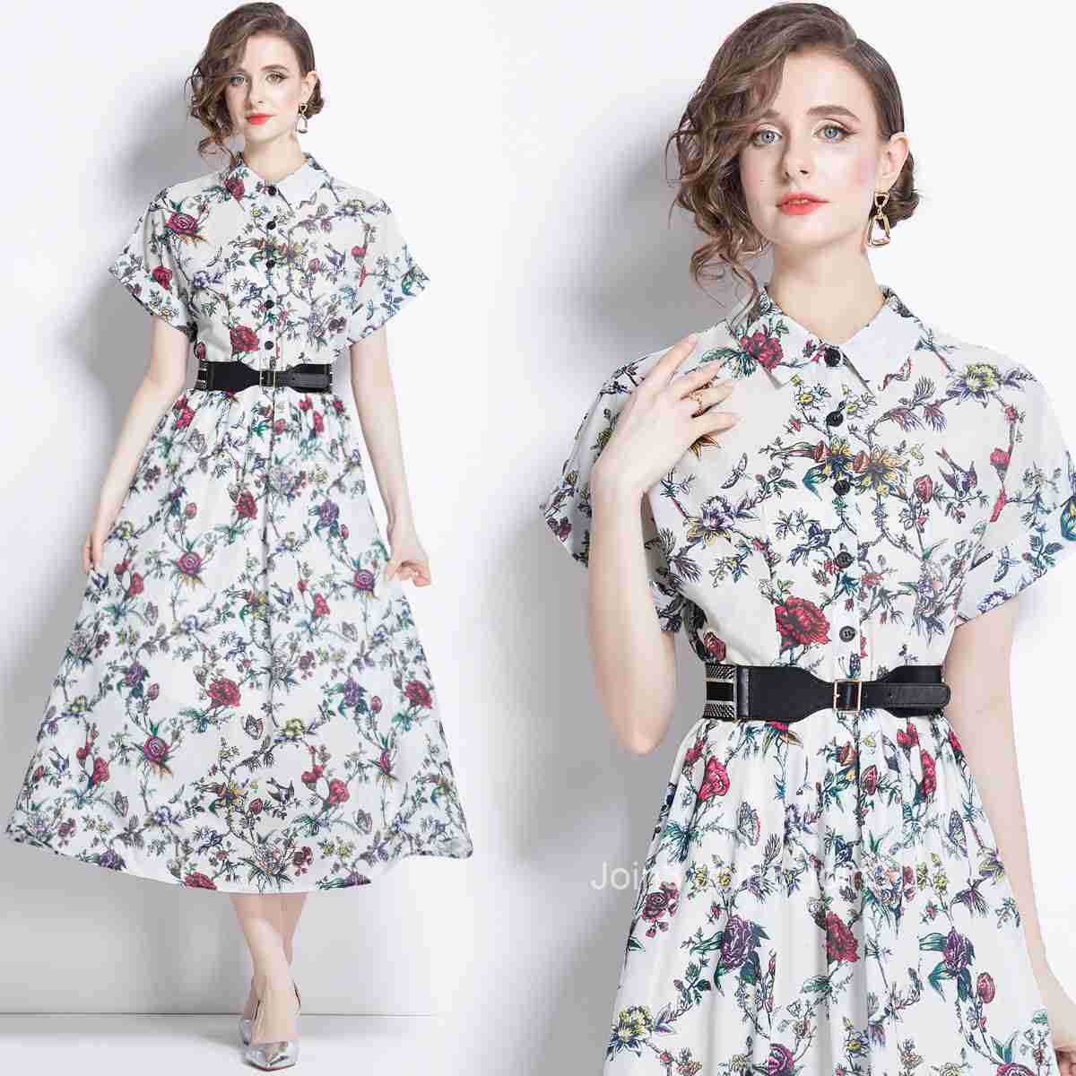 1899 Summer New Womens Printed Collar Short Sleeve Slimming Long Dress with Inner Lining (Comes with Belt)