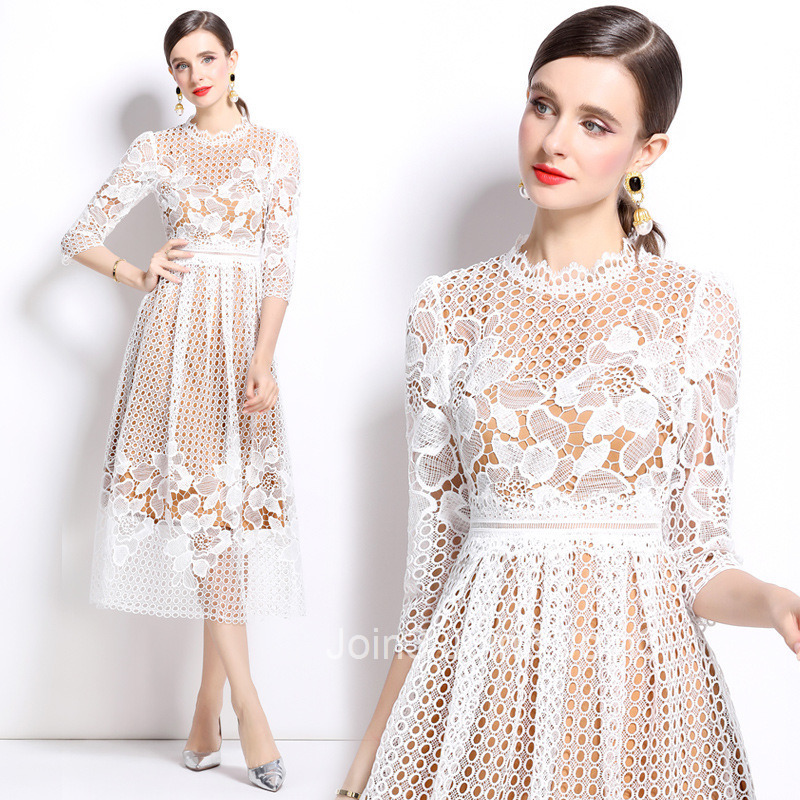 550 summer new womens clothing style mid long sleeved slimming hollow out water-soluble lace mid length dress