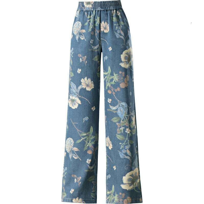 1008 Tencel Denim Printed Straight Wide-Leg for Women 2024 Autumn New Korean Style Casual Middle-Aged Women's Pants